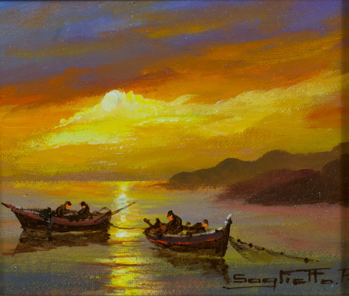 Raymond Saglietto  2 Tableaux Anciens  Marine Bord De Mer Nice  Pêcheur Au Crépuscule 