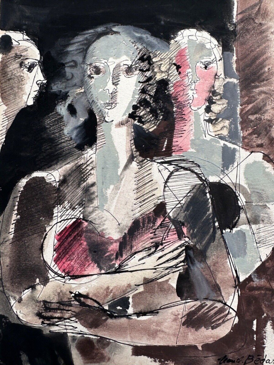 Jean-claude BÉDARD  Beau Dessin Moderne  Pau Portrait Trois Femmes 1957-photo-1