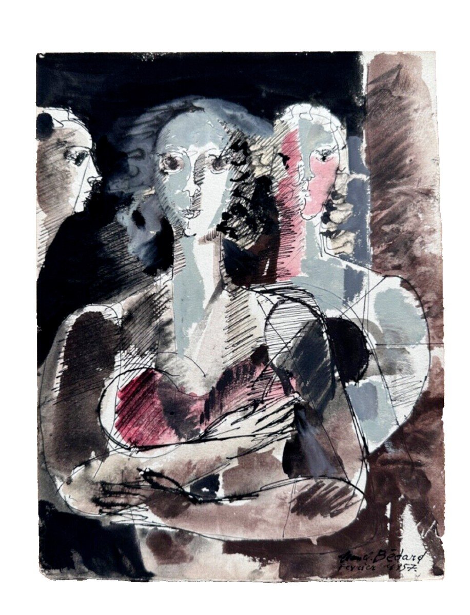 Jean-claude BÉDARD  Beau Dessin Moderne  Pau Portrait Trois Femmes 1957-photo-2