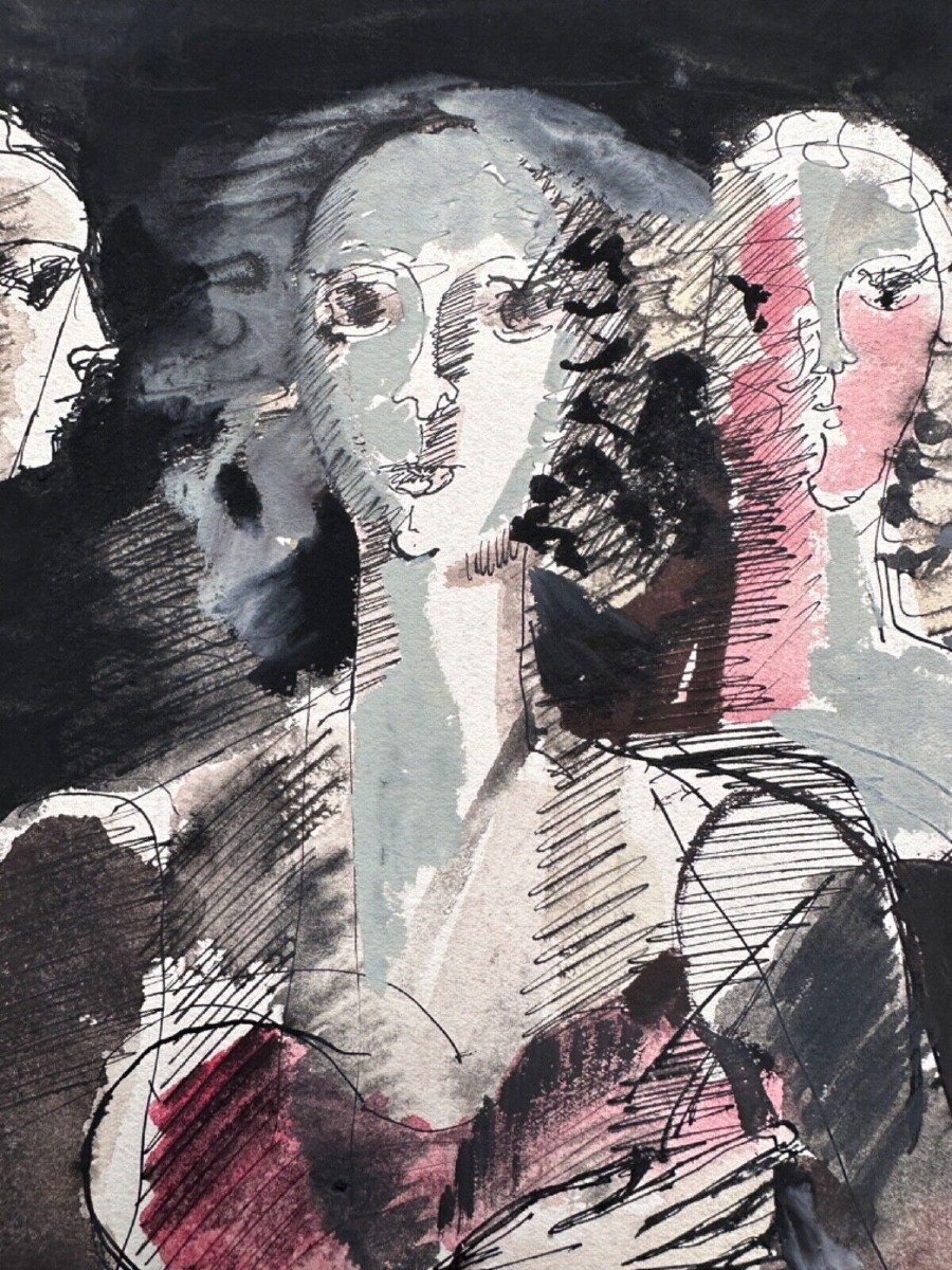Jean-claude BÉDARD  Beau Dessin Moderne  Pau Portrait Trois Femmes 1957
