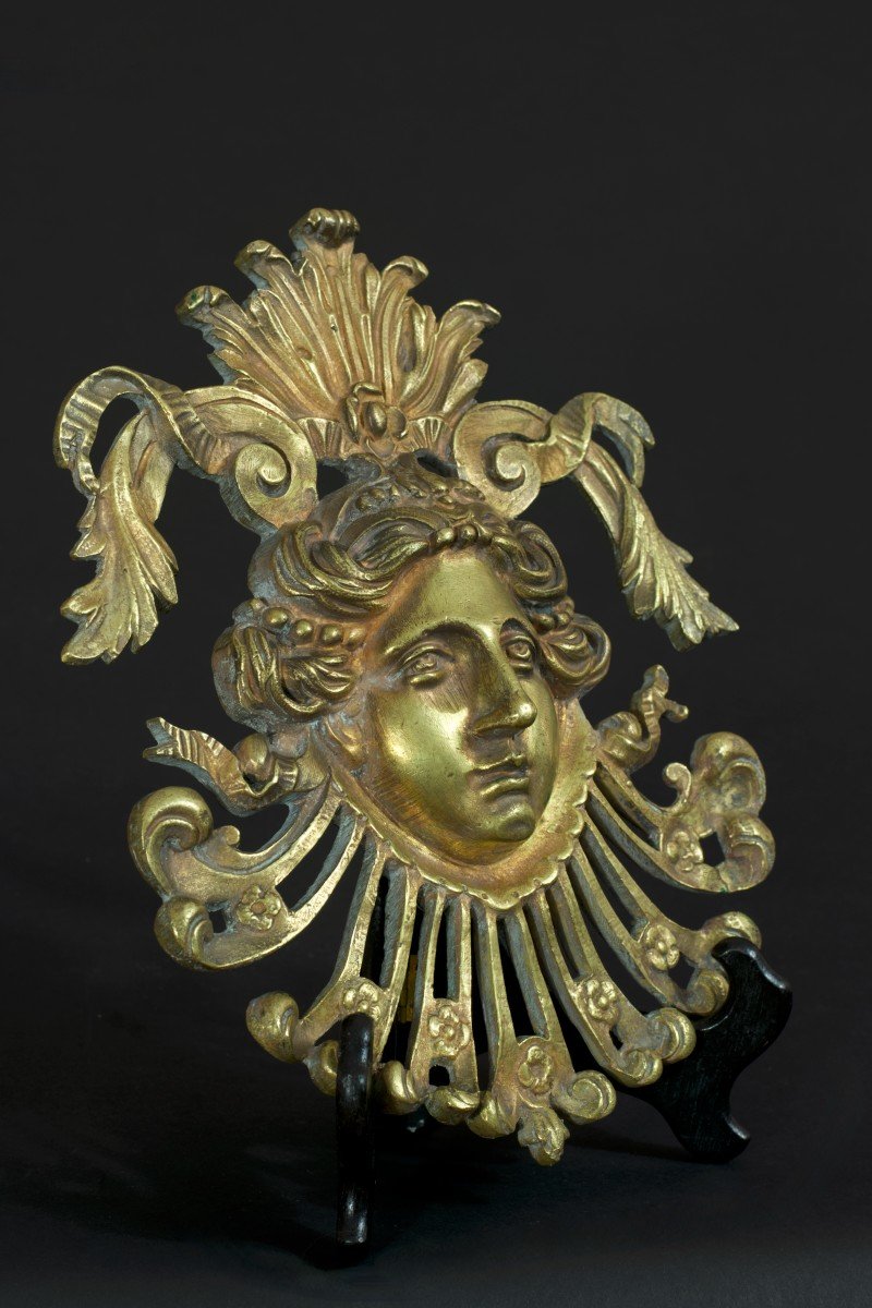 Grand Bronze Ancien Parement 19e Décor Bérain Masque Femme Mascaron Signé 19e Wallace Mobiler-photo-3