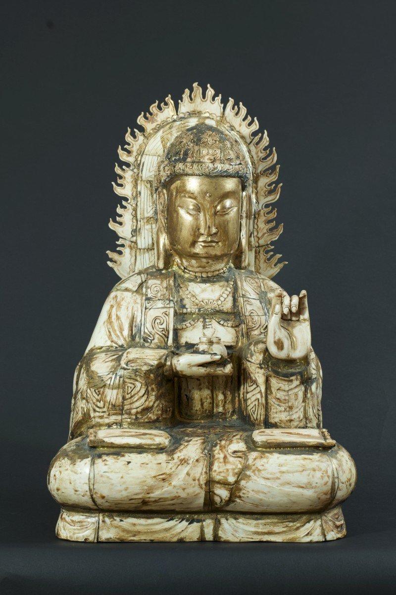 Ancienne Statue Grand Bouddha  Divinité Sculpté Os Chine Bouddhisme Religion Signé 56 Cm-photo-2