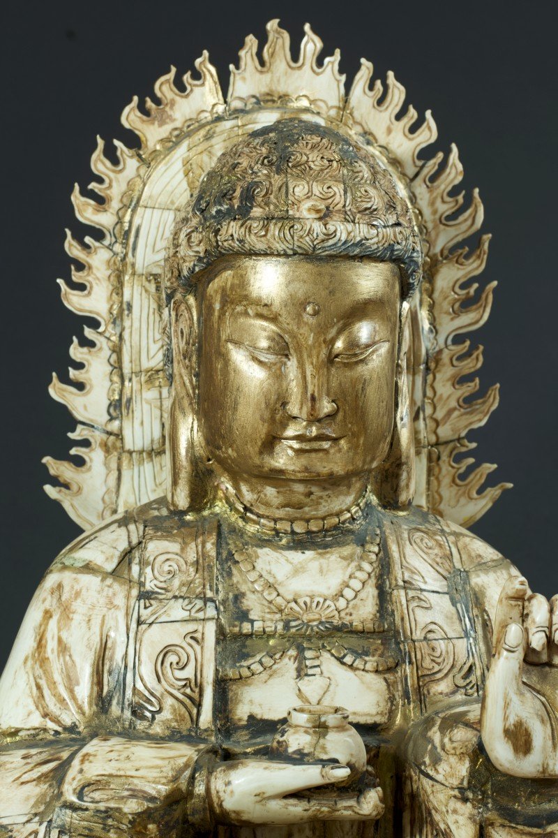 Ancienne Statue Grand Bouddha  Divinité Sculpté Os Chine Bouddhisme Religion Signé 56 Cm-photo-3