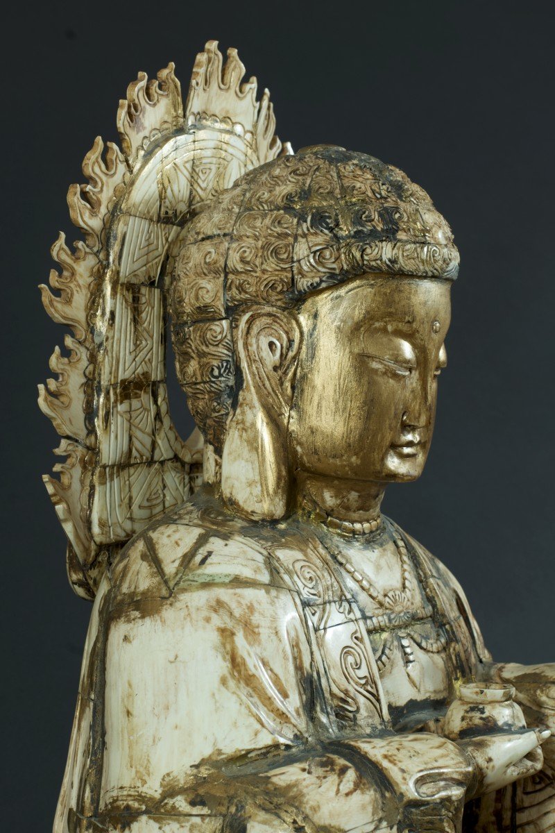 Ancienne Statue Grand Bouddha  Divinité Sculpté Os Chine Bouddhisme Religion Signé 56 Cm-photo-1