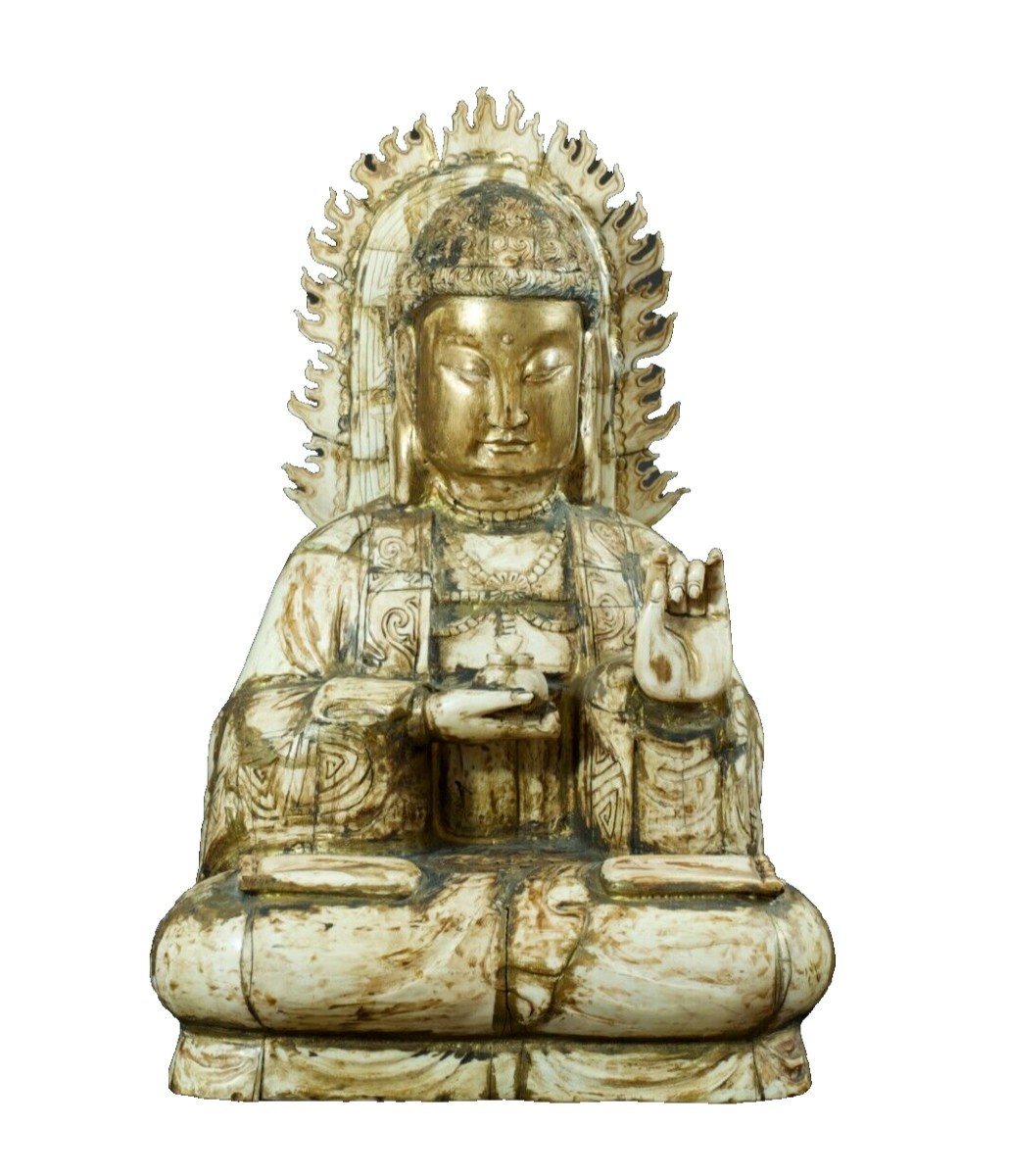 Ancienne Statue Grand Bouddha  Divinité Sculpté Os Chine Bouddhisme Religion Signé 56 Cm-photo-4