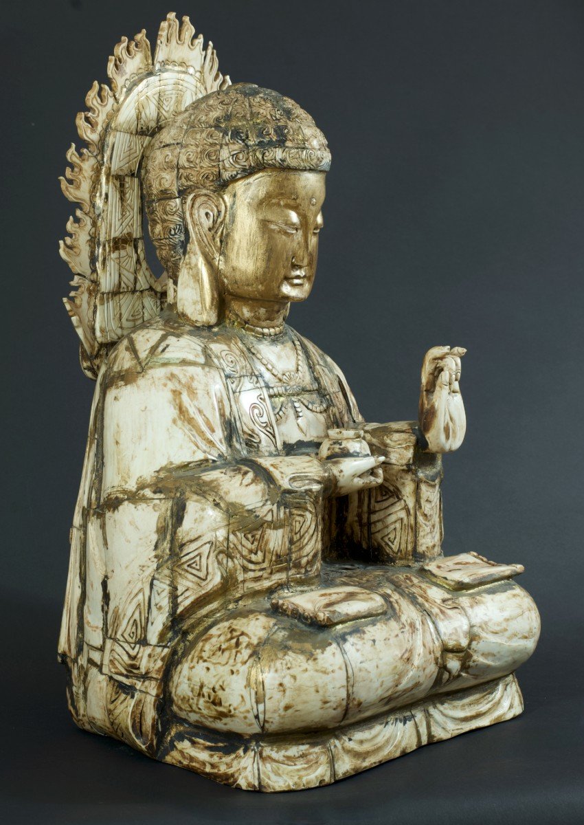 Ancienne Statue Grand Bouddha  Divinité Sculpté Os Chine Bouddhisme Religion Signé 56 Cm