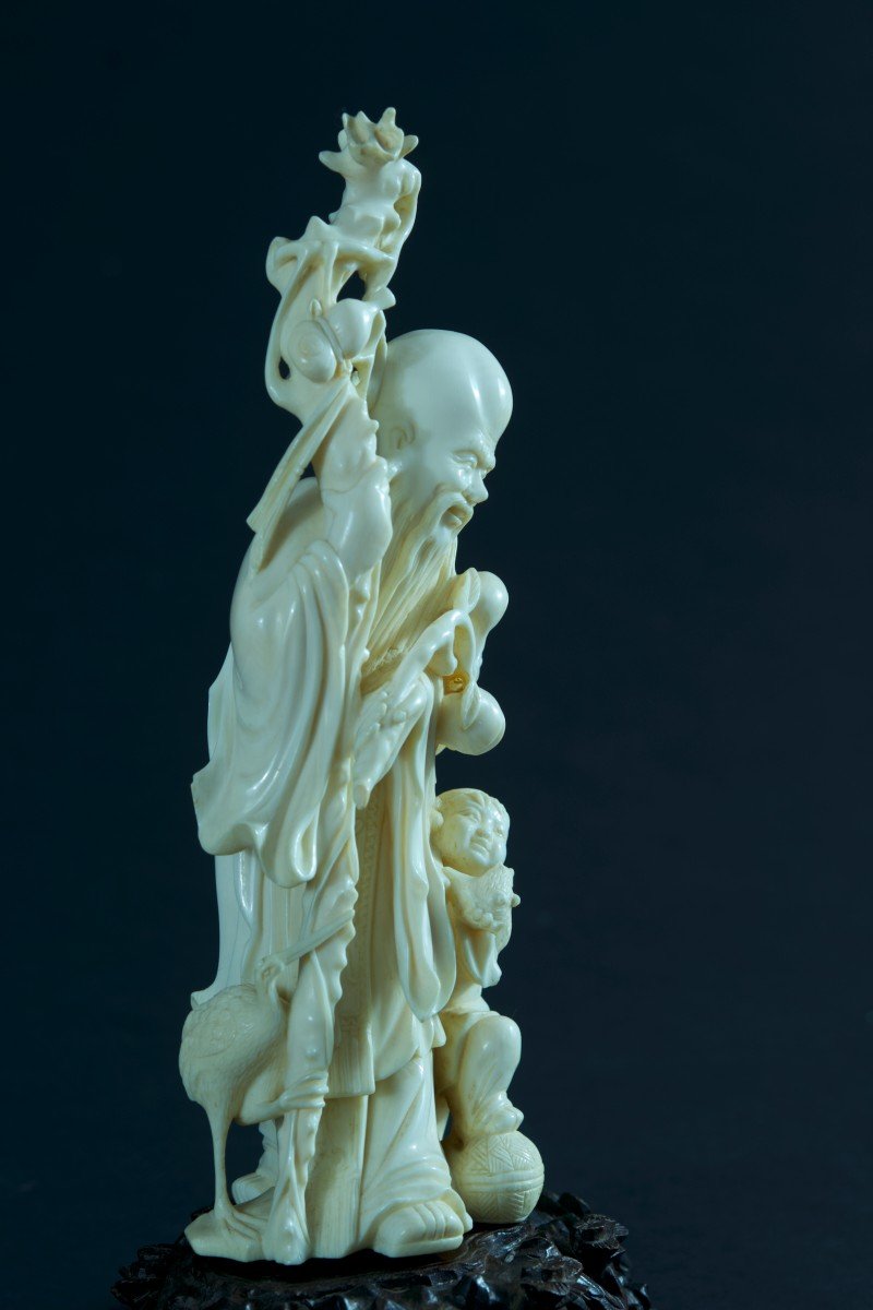 Ancient Ivory Statue China Deity Longevity Portrait Cane Child Shoulao Immortal Tao-photo-4