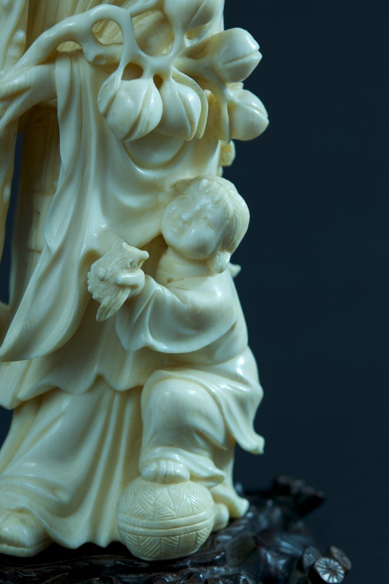 Ancient Ivory Statue China Deity Longevity Portrait Cane Child Shoulao Immortal Tao-photo-3