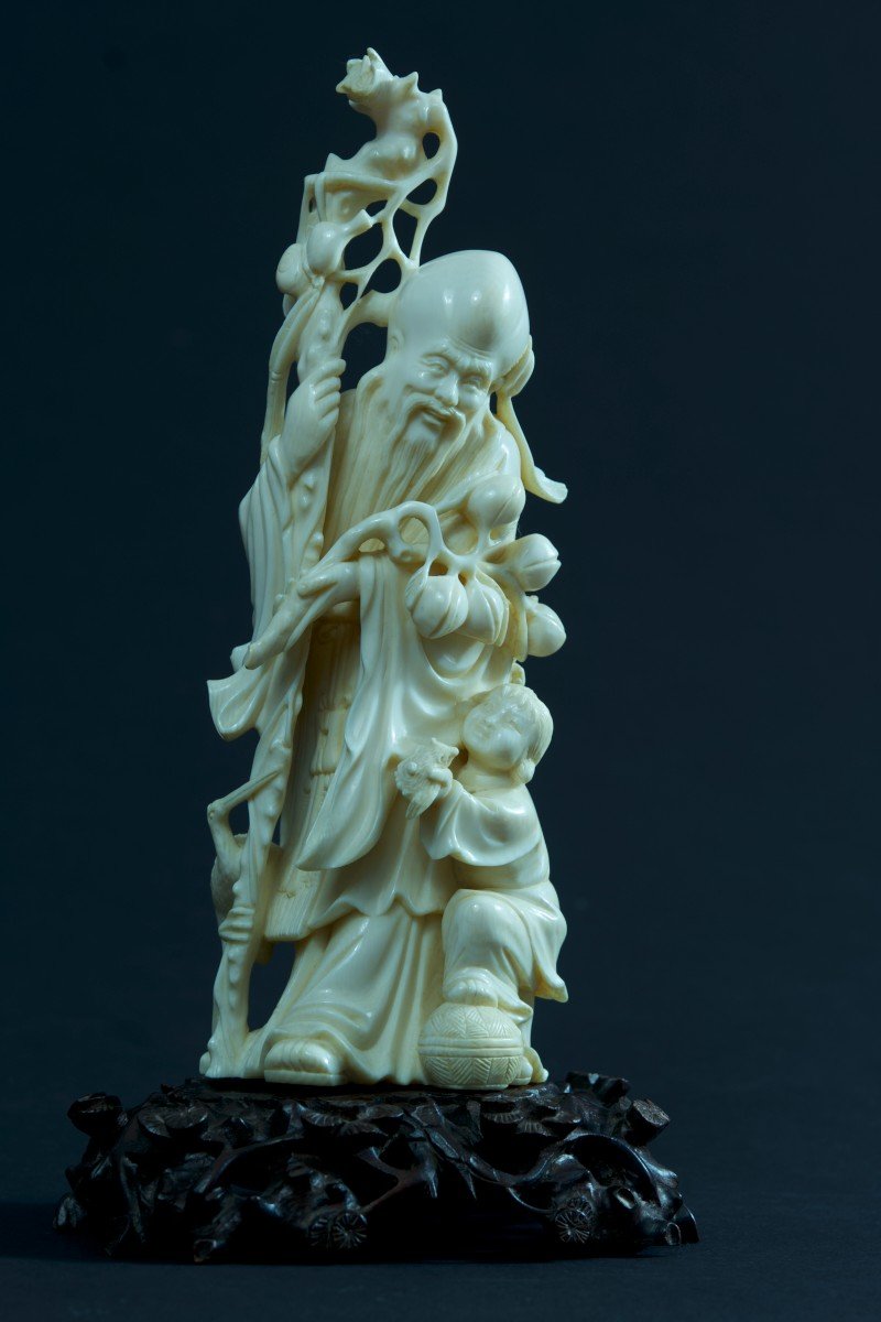 Ancient Ivory Statue China Deity Longevity Portrait Cane Child Shoulao Immortal Tao-photo-5