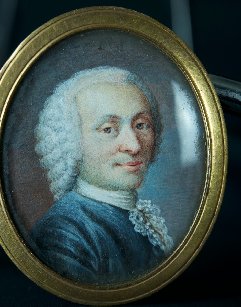 Beau Tableau Ancien Portrait Homme Louis XV Costume  Perruque Miniature 18 ème