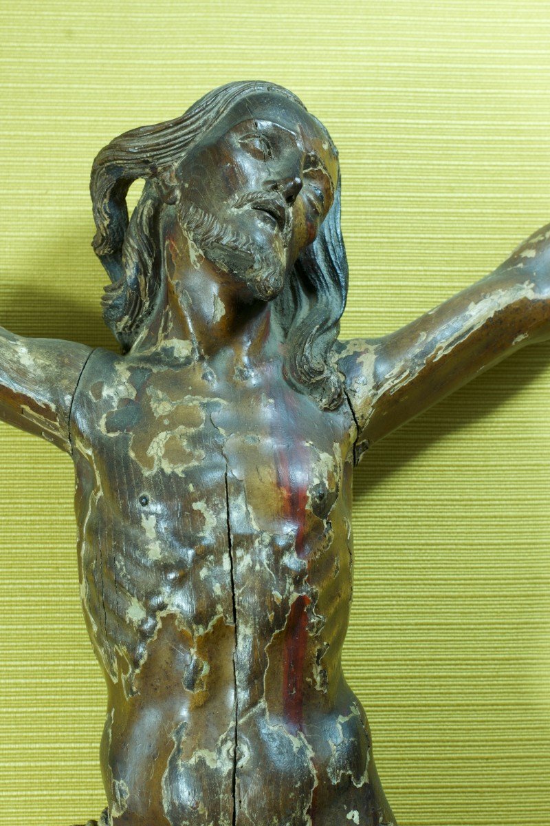 Large Christ On The Cross South America Polychrome Carved Wood Leather 67 Cm 17th Popular Art-photo-3