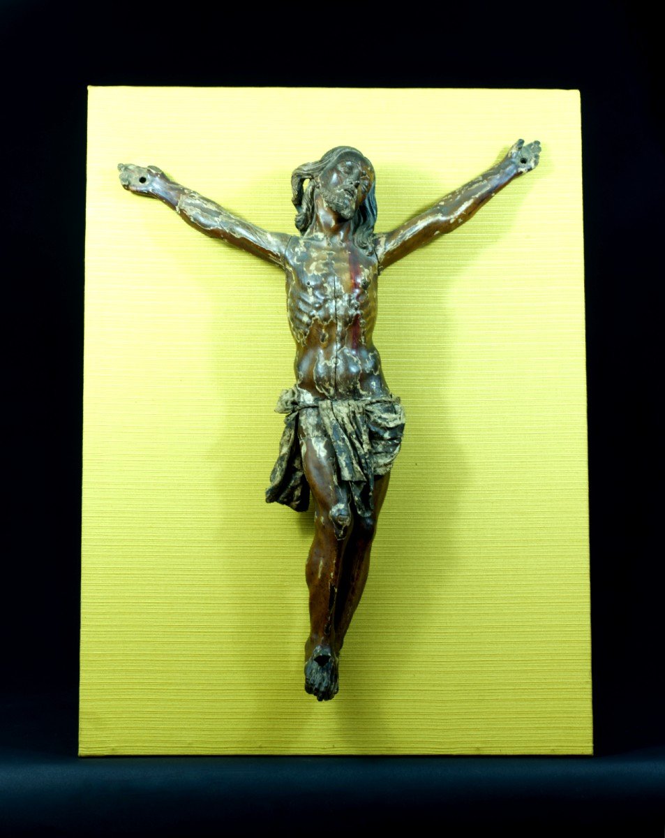 Large Christ On The Cross South America Polychrome Carved Wood Leather 67 Cm 17th Popular Art-photo-2