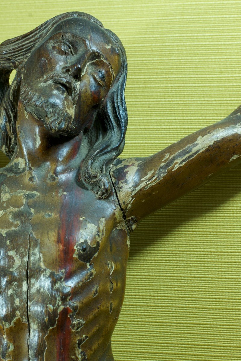 Large Christ On The Cross South America Polychrome Carved Wood Leather 67 Cm 17th Popular Art-photo-2
