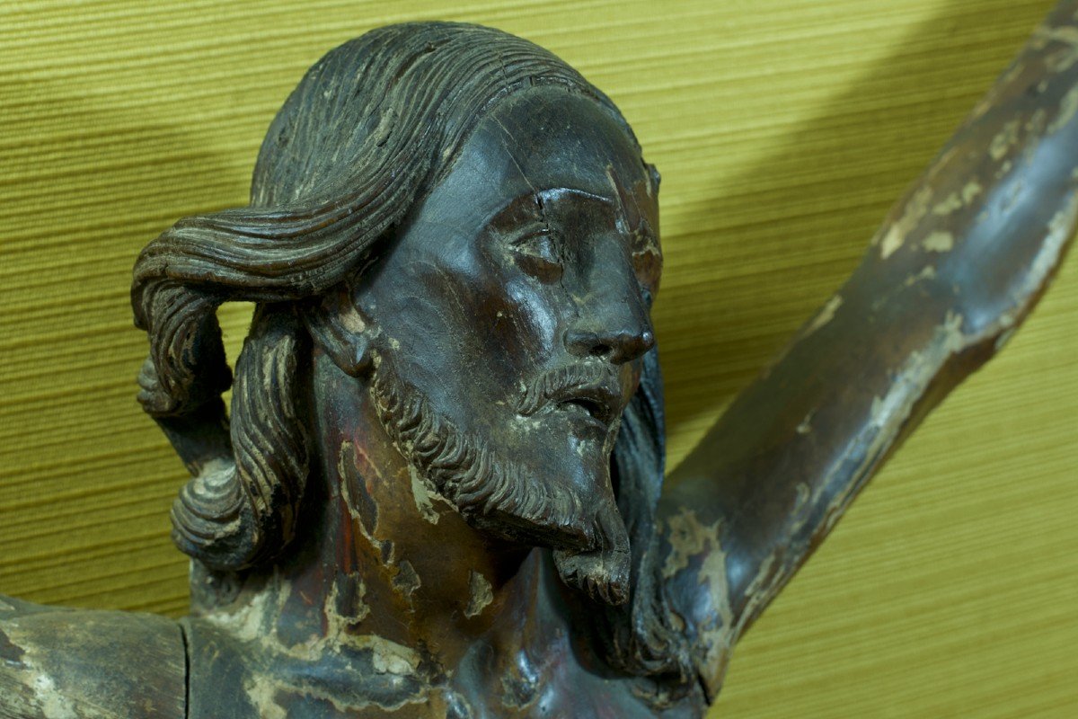 Large Christ On The Cross South America Polychrome Carved Wood Leather 67 Cm 17th Popular Art-photo-5