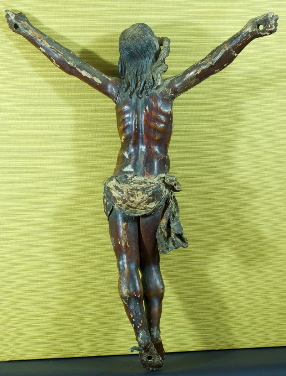 Large Christ On The Cross South America Polychrome Carved Wood Leather 67 Cm 17th Popular Art-photo-6