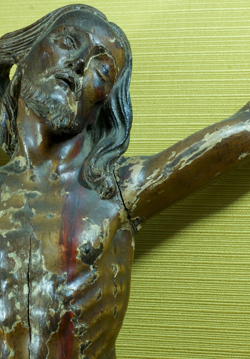 Large Christ On The Cross South America Polychrome Carved Wood Leather 67 Cm 17th Popular Art