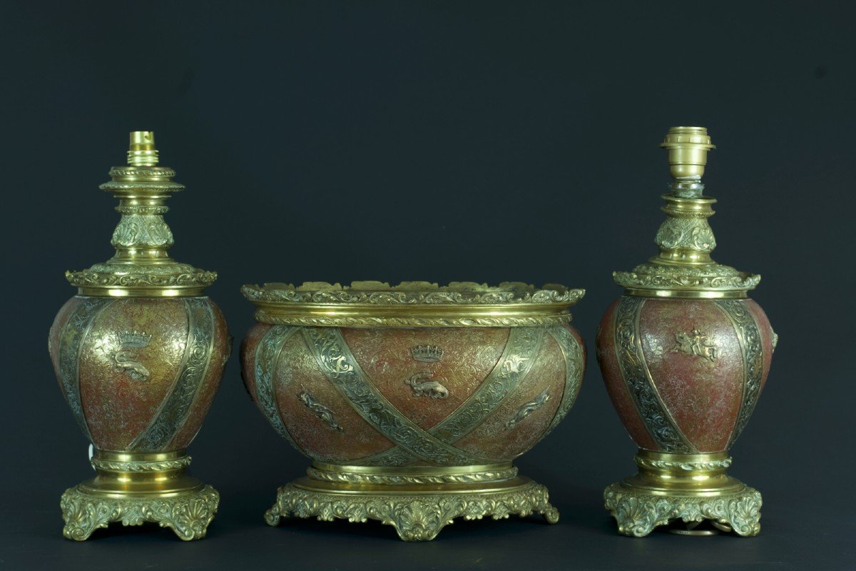 Ancienne Garniture Bronze François 1er Lampe à Pétrole Jardinière Sv Lievre 19e-photo-2