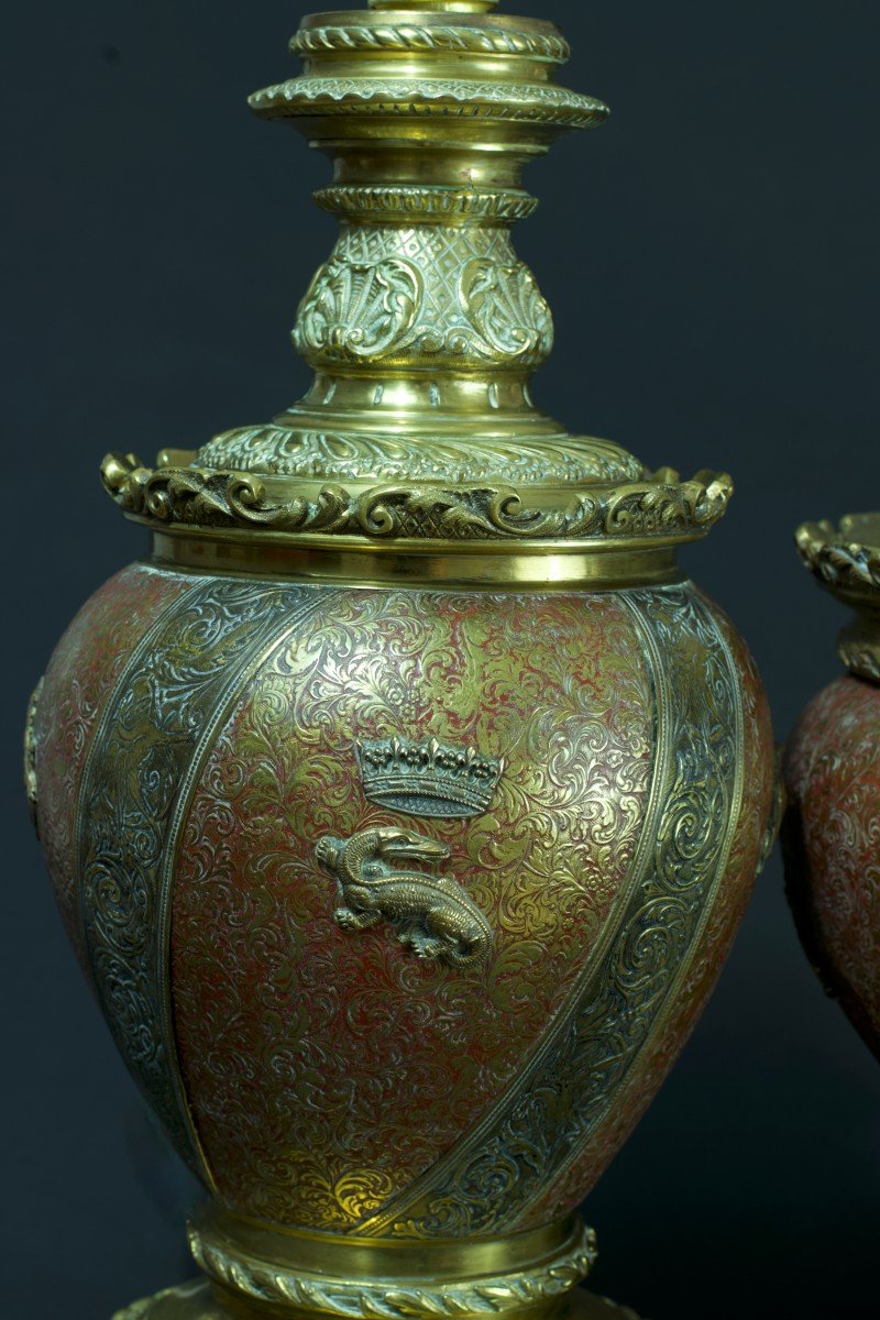 Ancienne Garniture Bronze François 1er Lampe à Pétrole Jardinière Sv Lievre 19e-photo-1