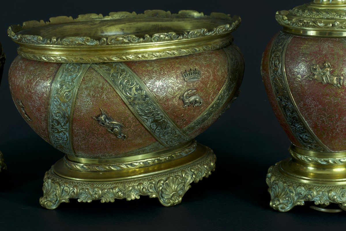 Ancienne Garniture Bronze François 1er Lampe à Pétrole Jardinière Sv Lievre 19e-photo-4