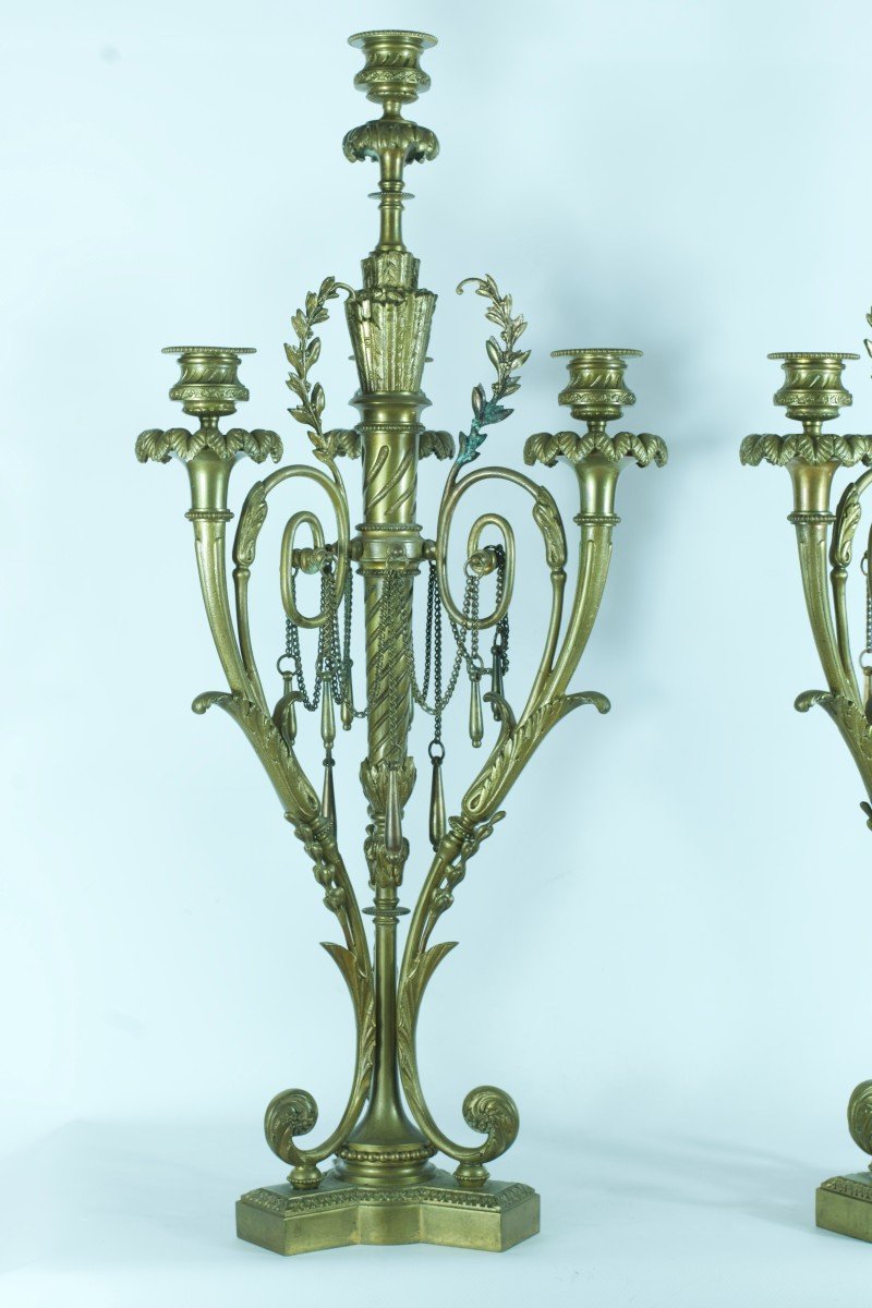 Ancienne Paire De Candélabres Louis XVI Bronze Carquois Chaine Bougeoir 60cm 19e Chandelier -photo-2