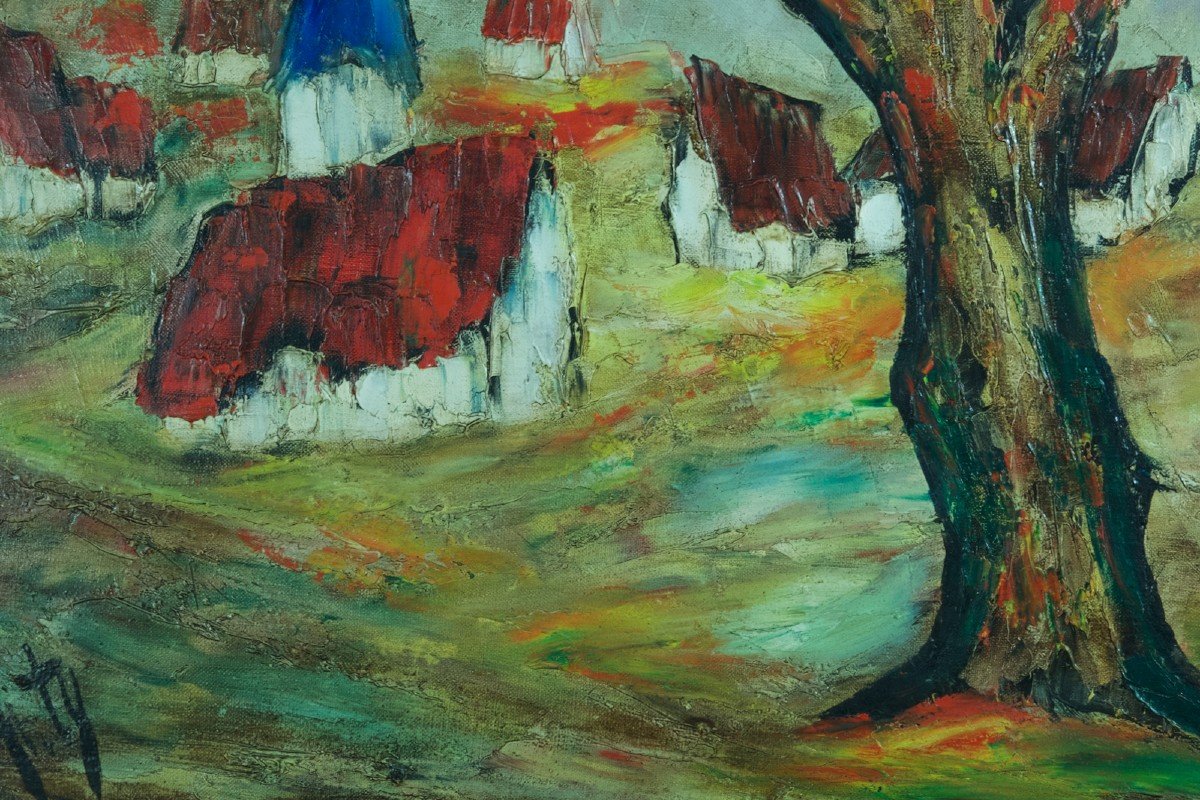 d'Anty  Beau Tableau Modern Expressionniste Paysage Maison Toit Rouge Peinture Canada-photo-2