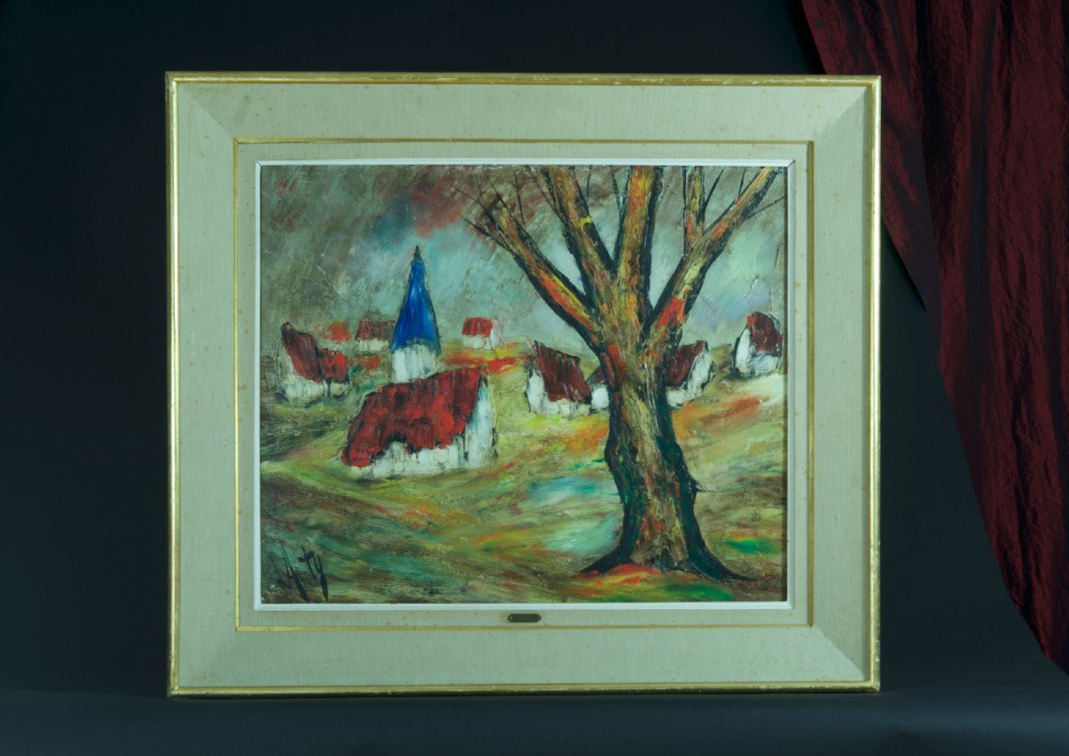 d'Anty  Beau Tableau Modern Expressionniste Paysage Maison Toit Rouge Peinture Canada-photo-1