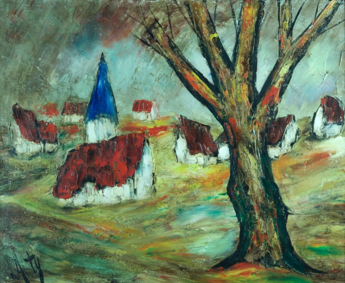 d'Anty  Beau Tableau Modern Expressionniste Paysage Maison Toit Rouge Peinture Canada-photo-3