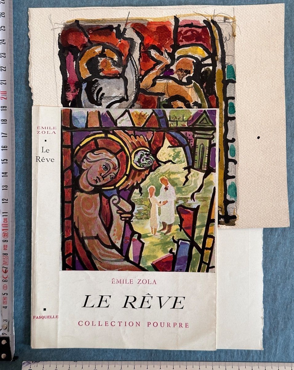 Dessin  Jean Terles  étude  Projet De Vitrail Verre Emile Zola Le Rêve Art Déco Littérature -photo-2