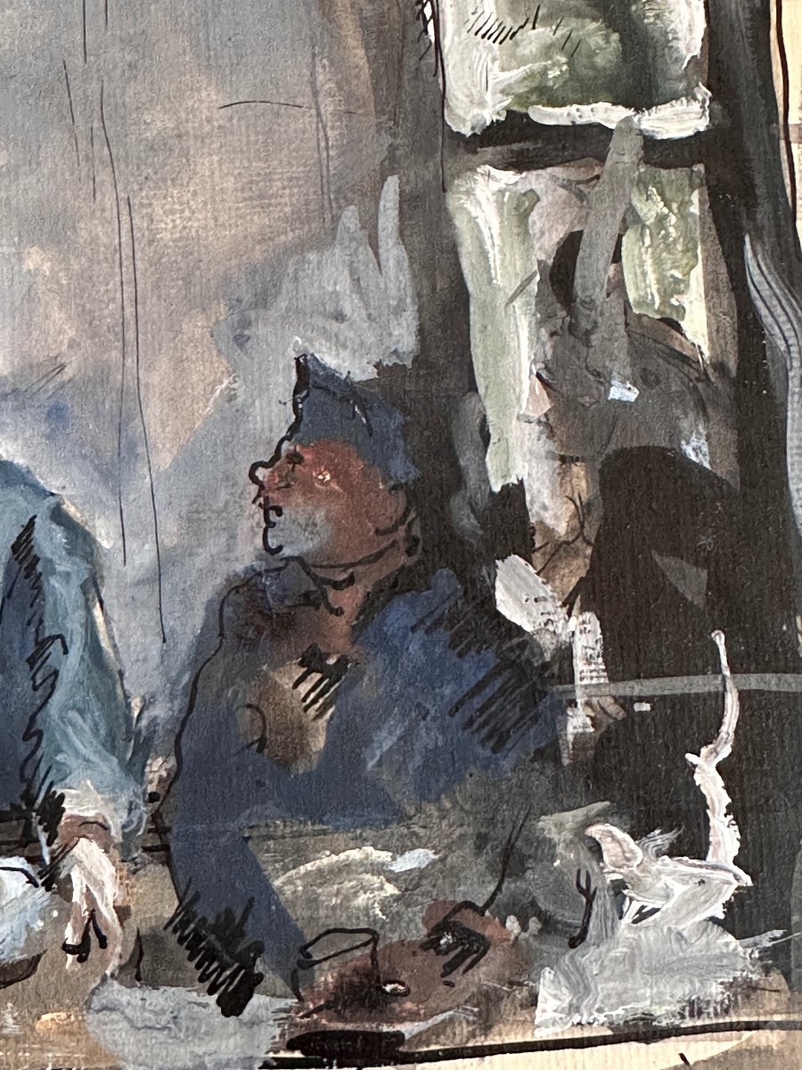Painting Drawing Jean Terles Study Portrait 3 Men Seated Window Gouache-photo-2