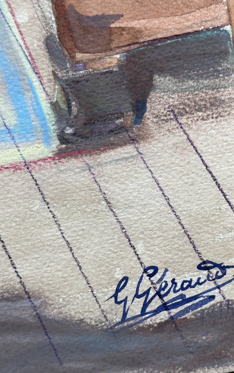 Géraud Ancien Dessin Intérieur Maison Vue De Grenier Tapis Comble Escalier Art Nouveau -photo-3
