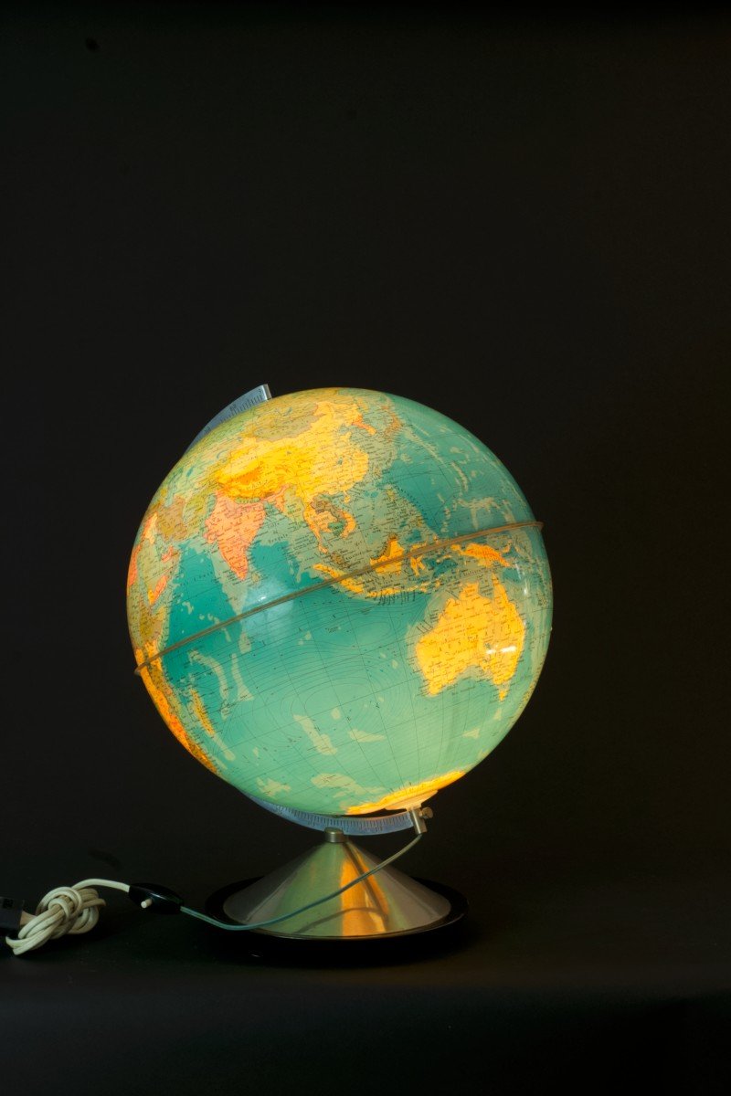 Large World Map Vintage Stainless Steel Alu Design Hercule Lux Stauffacher.-photo-3