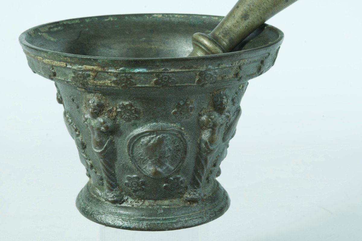 Rare Bronze Mortar Le Puy-en Velay Caryatid Roman Emperor Nero Domitian 17th Apothecary-photo-2