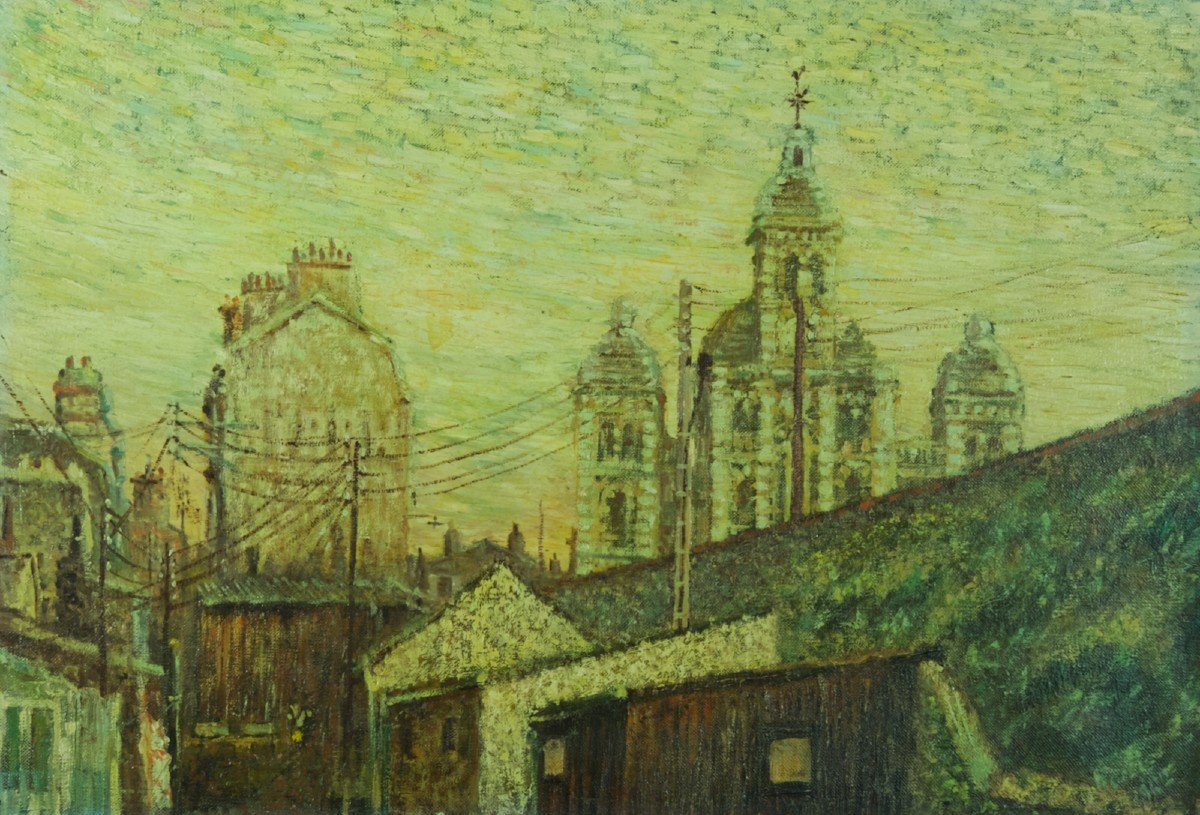Tableau Ancien Vue De Granville Paysage Post Impressionniste église Saint Paul Normandie