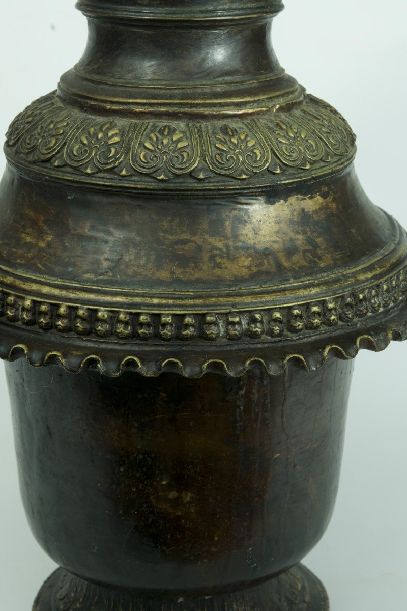 Grand Vase Ancien Bronze Tibet Népal Archaïque Citipati Tête De Mort 18è  Bouddhisme Hindouisme-photo-3