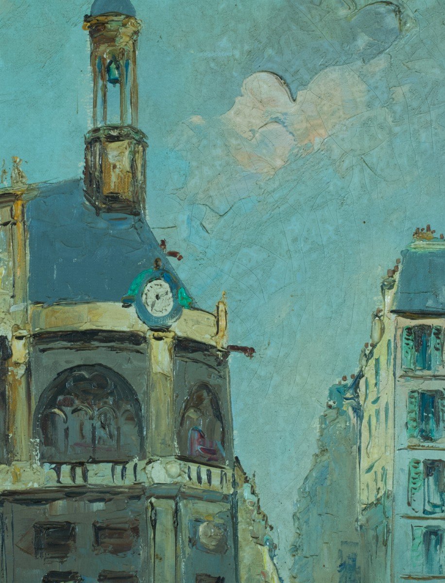 Huile sur toile  Vue De Paris 1 Rue Animée Eglise Saint Eustache Les Halles 20 ème 