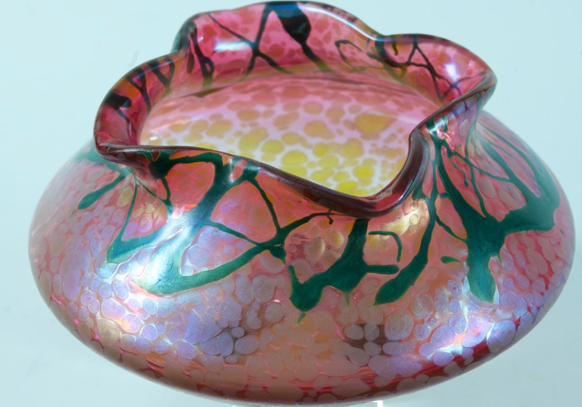 Loetz Kralik Ancien Vase Art Nouveau Verre Irisé Rose Framboise  1900 Glass-photo-1