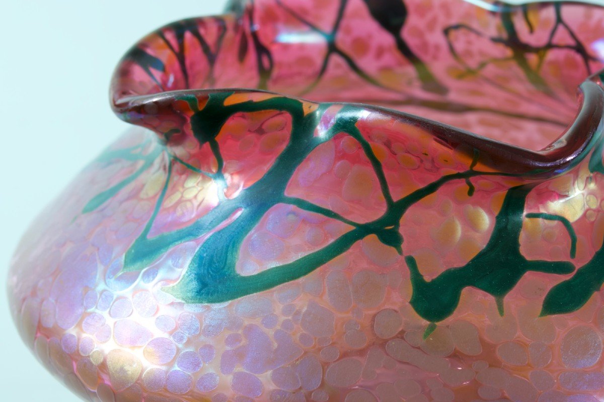Loetz Kralik Ancien Vase Art Nouveau Verre Irisé Rose Framboise  1900 Glass-photo-4