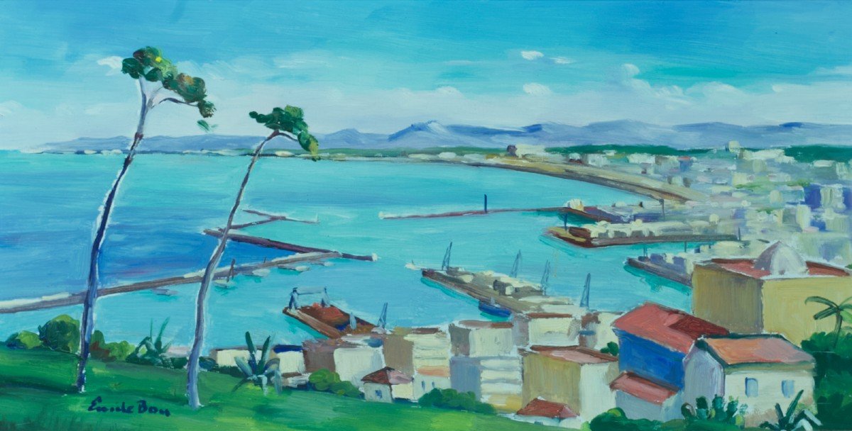  Emile Bou Old Orientalist Painting View Of The Port Bay Of Algiers Art Deco Marine Panorama-photo-3