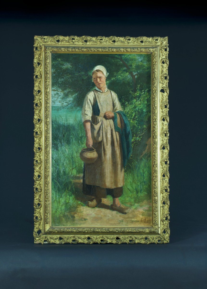 Ancien Tableau Portrait Jeune Paysanne Normande Paysage Bord De Mer Sv Laugée Feyen Bretagne -photo-6