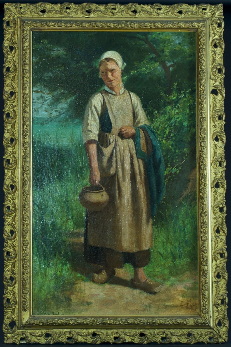 Ancien Tableau Portrait Jeune Paysanne Normande Paysage Bord De Mer Sv Laugée Feyen Bretagne 