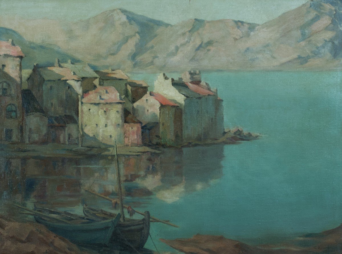 Tableau Vue De Corse Village Saint-florent Golfe Signé Bouché Hst Cadre Art Déco Marine-photo-2