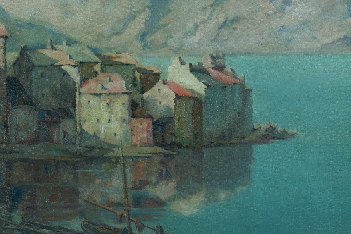 Tableau Vue De Corse Village Saint-florent Golfe Signé Bouché Hst Cadre Art Déco Marine-photo-3