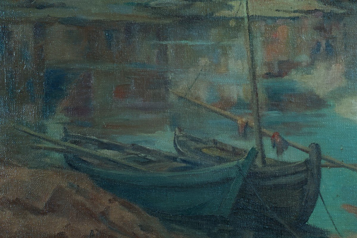 Tableau Vue De Corse Village Saint-florent Golfe Signé Bouché Hst Cadre Art Déco Marine-photo-3