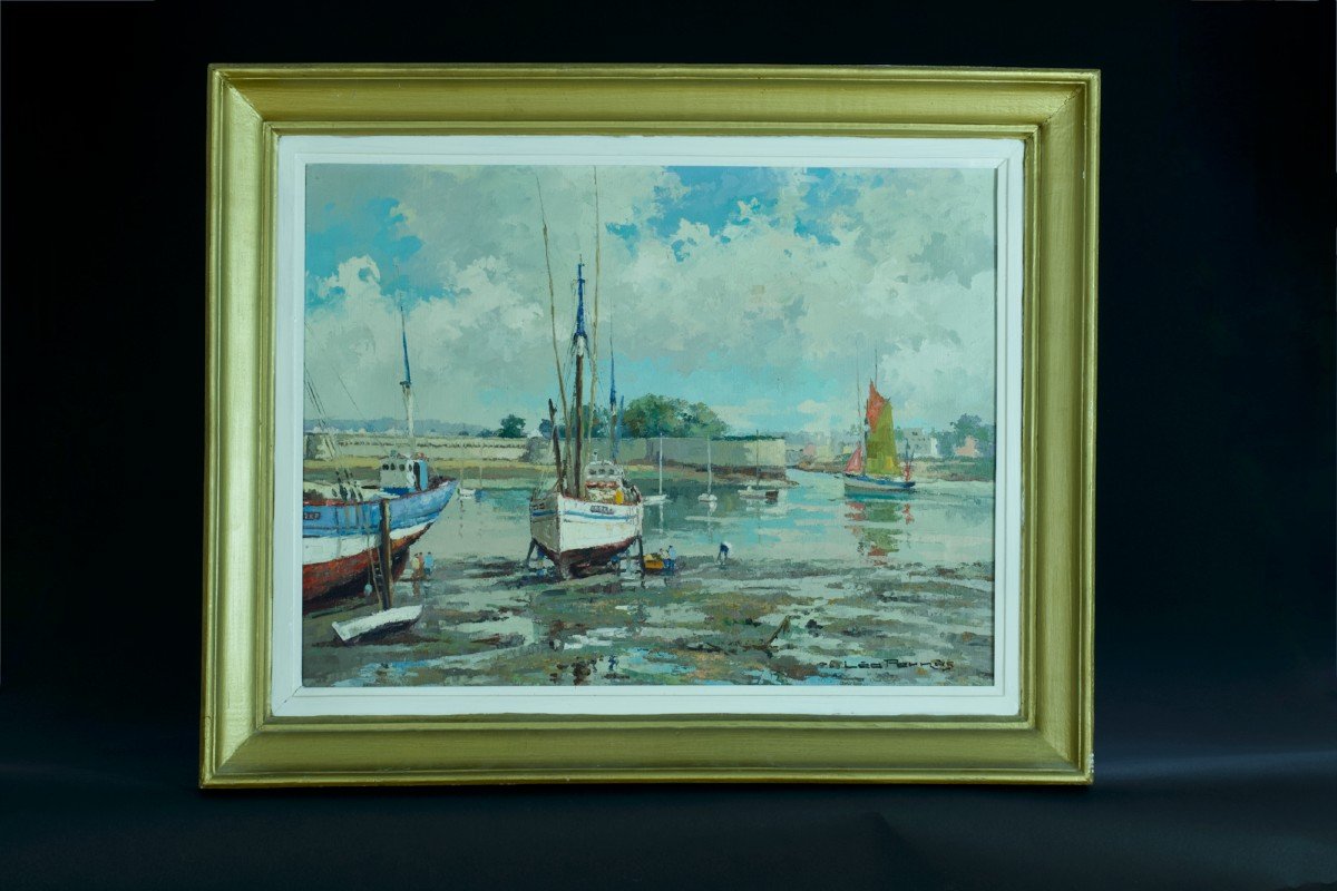 Léo Pernes   Ancien Tableau Art Déco Marine Bretagne Le Port De Concarneau Hst-photo-2