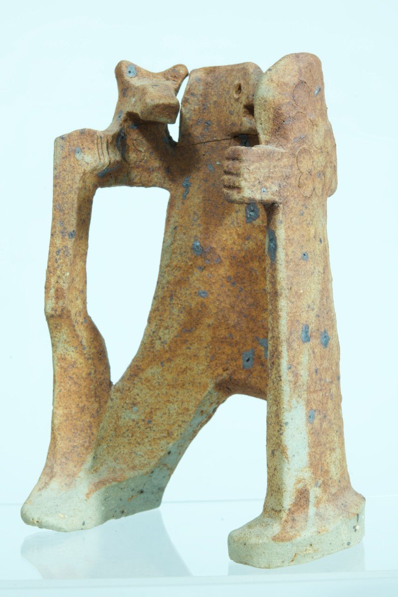 Lodereau Sculpture Design Minimalist Sandstone La Borne Man With Wolf Vintage Ceramic -photo-4