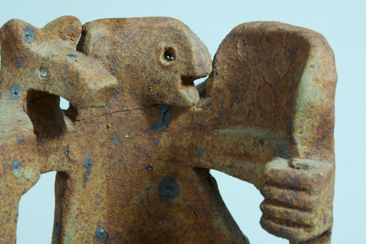 Lodereau Sculpture Design Minimalist Sandstone La Borne Man With Wolf Vintage Ceramic -photo-2