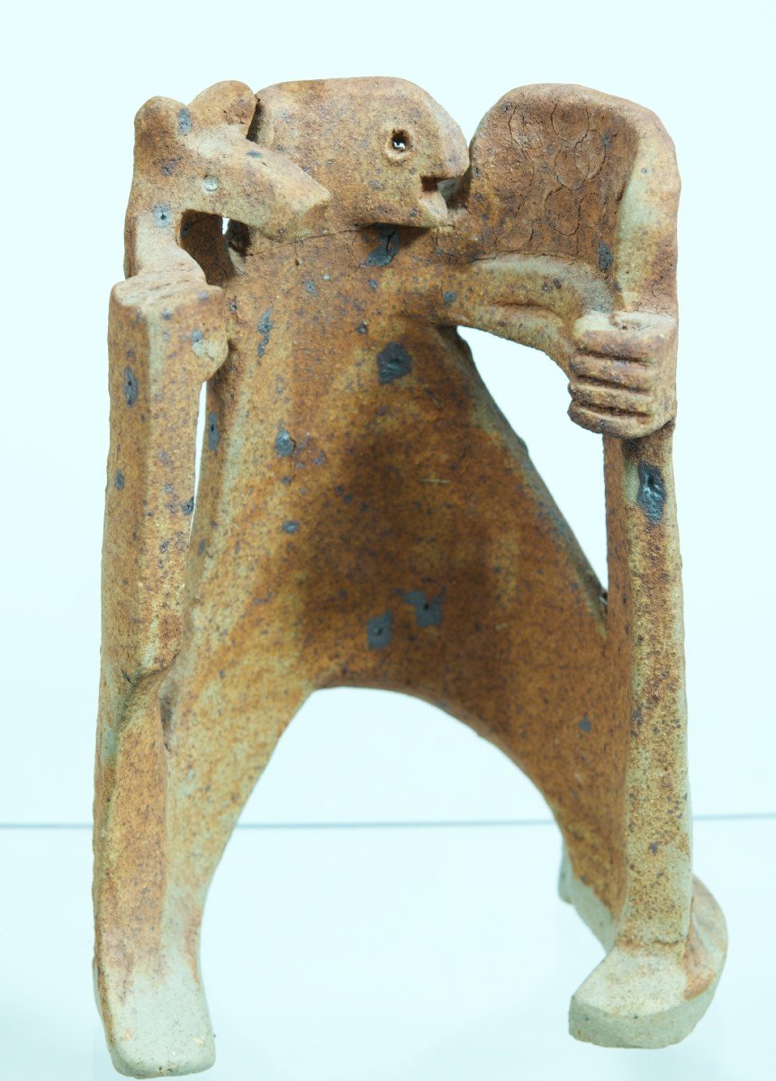 Lodereau Sculpture Design Minimalist Sandstone La Borne Man With Wolf Vintage Ceramic 