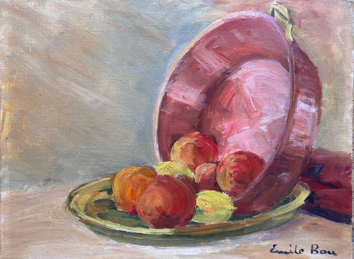  Emile Bou Ancien Tableau Orientaliste Nature Morte Aux Fruits Pêches Citrons Algerie -photo-2