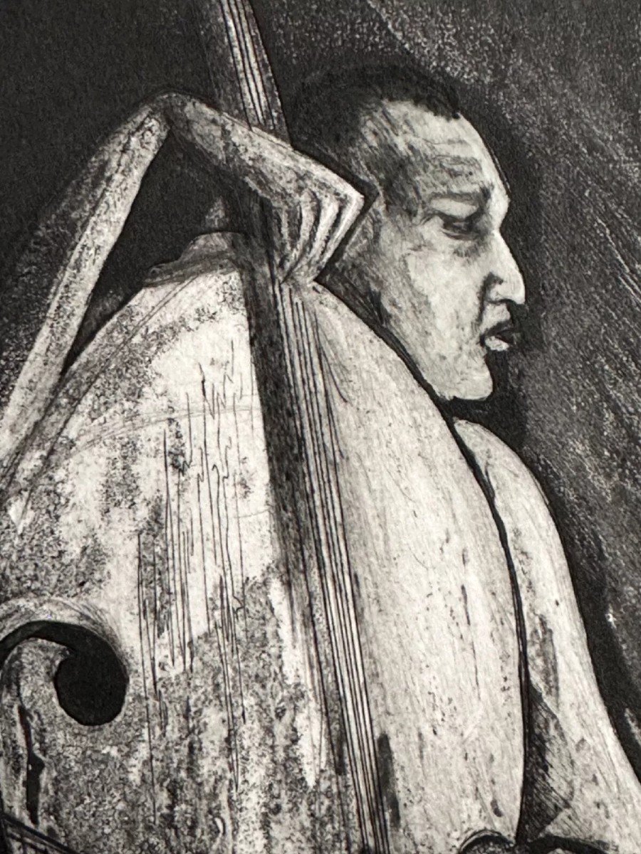 Francis Oudin Modern Engraving Portrait Of Musician Double Bass Bow Signed Xylon Group Ea-photo-1
