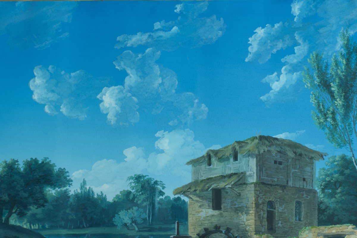 Tableau Ancien Paysage Animée Lavandières Moulin à Eau Ruine Ciel Gouache Sv Boucher Cadre-photo-4